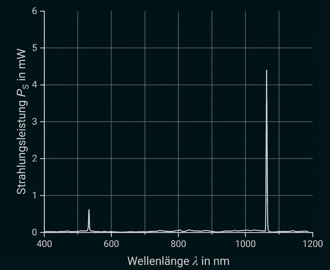 Diagramm: Strahlungsleistung (mW) über Wellenlänge (nm), kleiner Peak bei ~550 nm, starke Peaks bei ~1060–1080 nm.